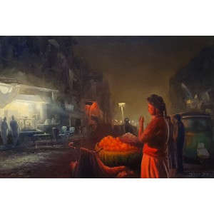 Zulfiqar Ali Zulfi, Red light Area, 24 x 36 Inch, Oil on Canvas, Cityscape Painting-AC-ZUZ-054